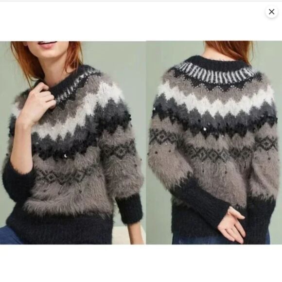 Anthro Sleeping On Snow Cashmere Beaded Fair Isle Bubble Sleeve Fuzzy Sweater XS - Picture 1 of 6